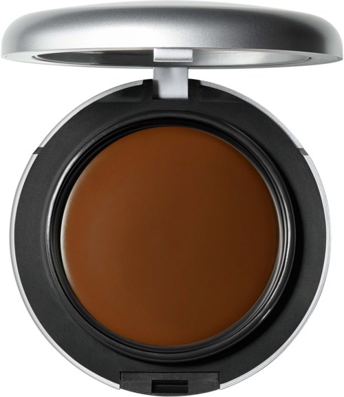 En liten produkt med ett silverlock, som innehåller brun kräm eller makeup.