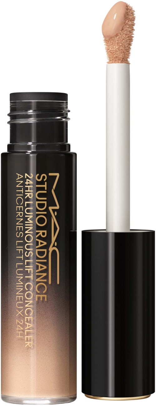 Lippenstift-Behälter mit Applikator, beschriftet MAC Studio Radiance mit SPF 24. Der Glanz ist beige.