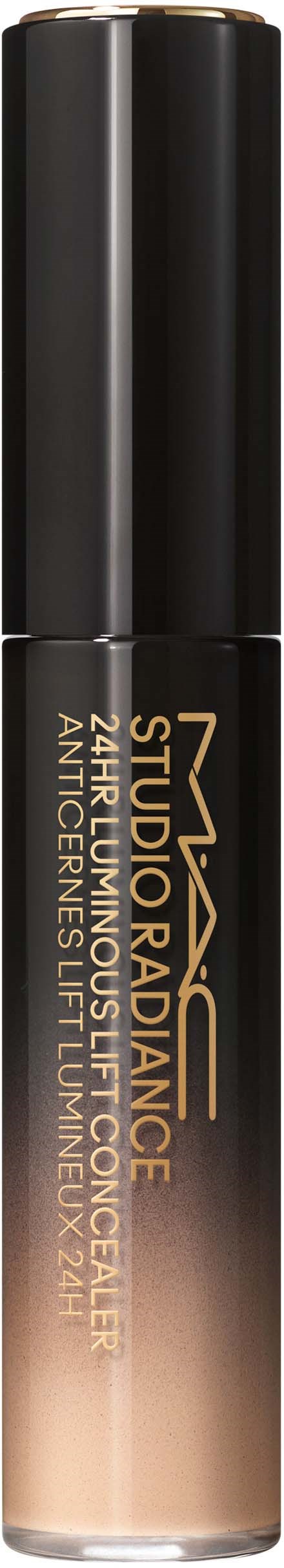 Eine schwarze zylindrische Flasche mit Gold- und Beige-Text, die eine Foundation bewirbt.