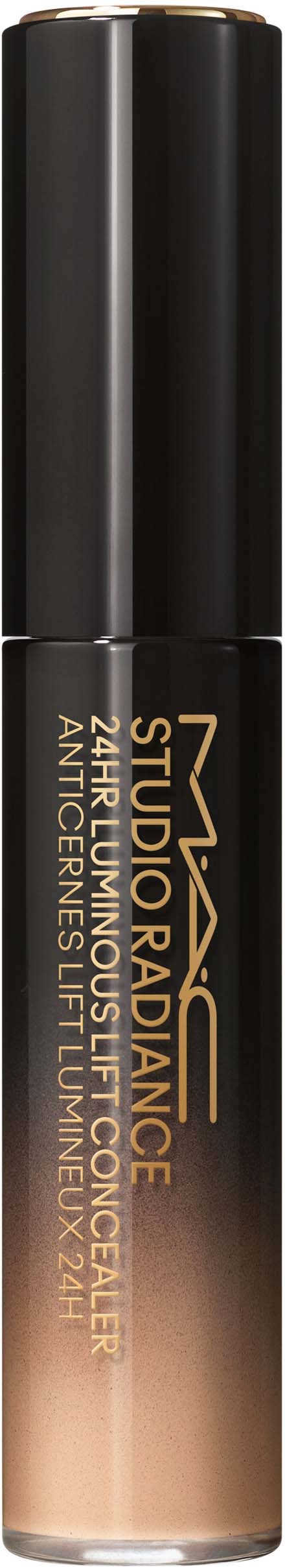 Eine schwarze Flasche mit einem beigen und goldfarbenen Etikett, steht vertikal, möglicherweise ein Kosmetik- oder Hautpflegeprodukt.