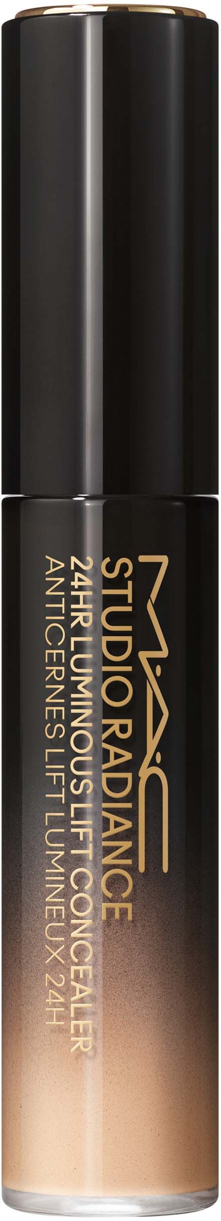Ein Make-up-Produkt in einem langen schwarzen Behälter, gekennzeichnet mit goldener und weißer Schrift über Deckkraft und leuchtendes Finish.
