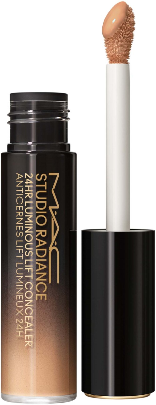 A foundation stick with black and gold packaging, with a wand applicator showing a beige product.