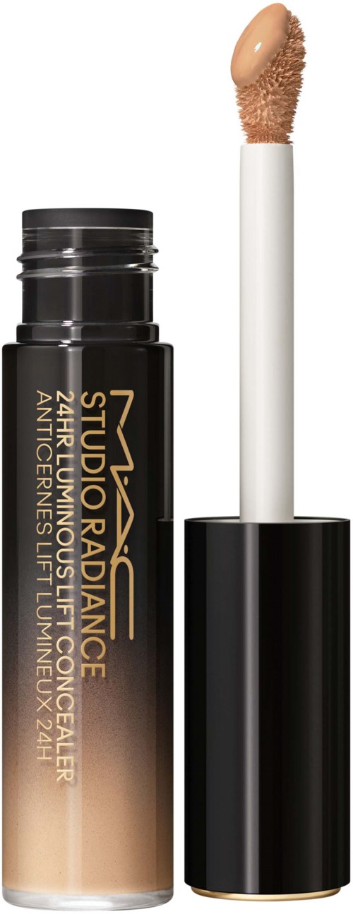 Ein Concealer-Stift mit weißem Applikator, schwarzem Deckel und goldener Schrift auf der Tube.