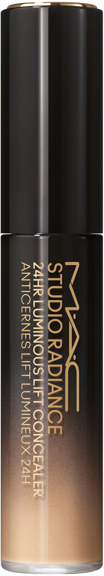 Eine beige und schwarze Flasche mit MAC Studio Radiance Face Primer mit goldener Schrift und schwarzem Deckel.