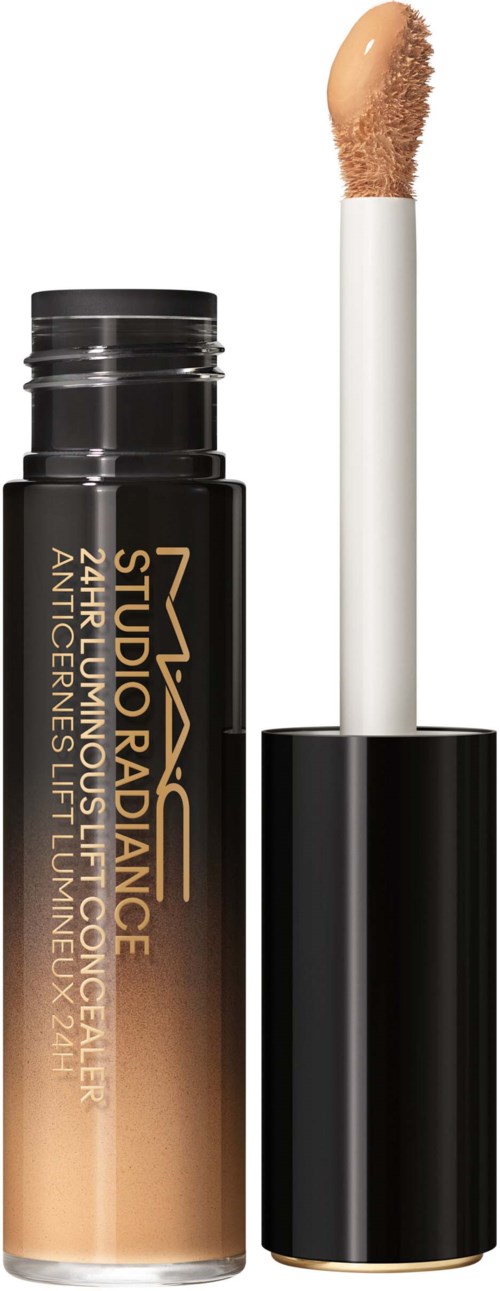 Eine MAC Studio Radiance Foundation-Flasche mit Applikator und beige Flüssigkeit.