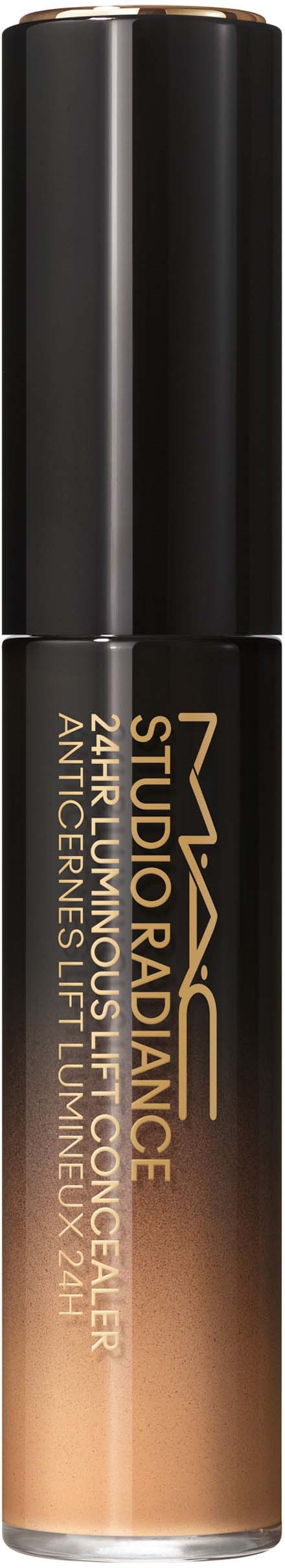 Eine zylindrische Flasche mit MAC Studio Radiance Foundation, schwarzer Deckel und beige Flüssigkeit.