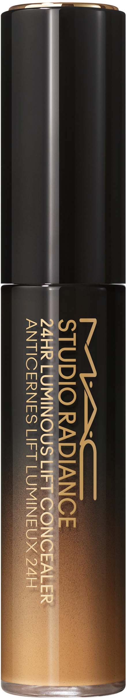 Ein Concealer-Röhrchen mit schwarzem Deckel und gold-braunem Verlauf, beschriftet 'MAC Studio Radiance 24H'.