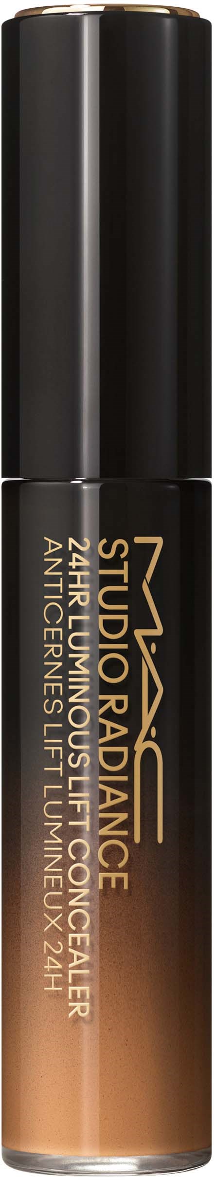 Ein Lippenstift mit schwarzem Deckel und goldfarbenem Körper, beschriftet 'NXY Studio Radiance Foundation'.