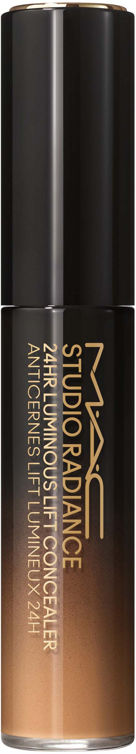 Ein Lippenstiftschlauch mit schwarzem Deckel und Gradient-Etikett, das Markennamen und Produktdetails zeigt.