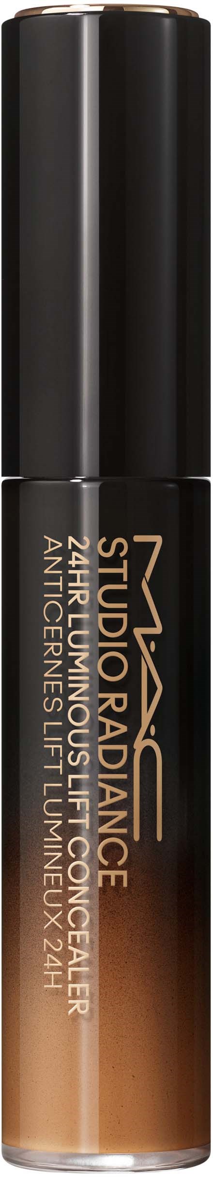 Eine lange schwarze und braune Flasche mitLabel, die 'NXY Studio Radiance' und Informationen über Make-up Concealer zeigt.
