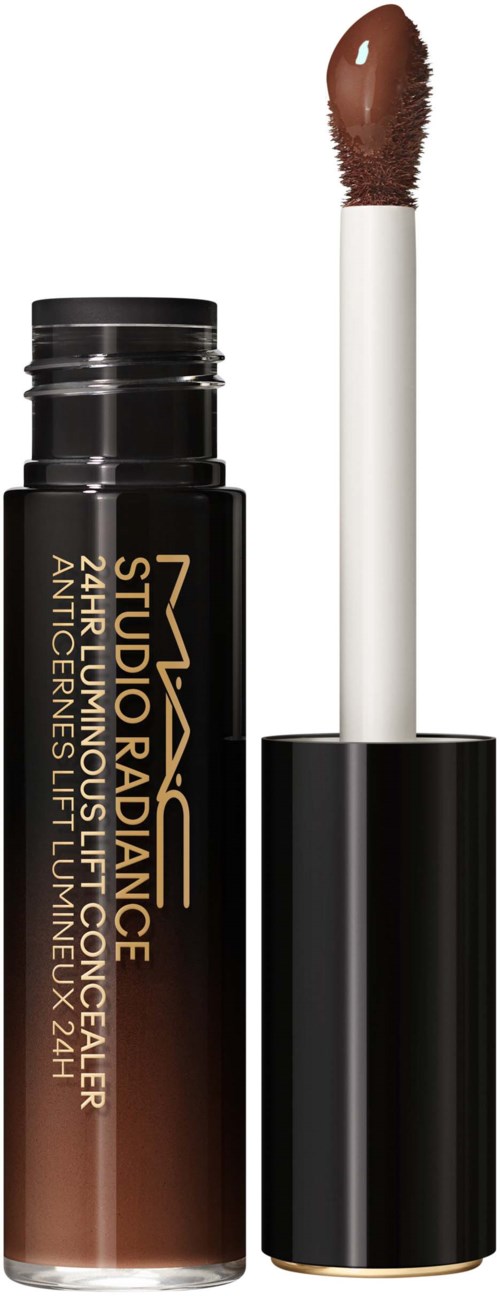 Lippenstift mit offener Applikator, braune Farbe. Schwarzer Deckel und goldener Text.