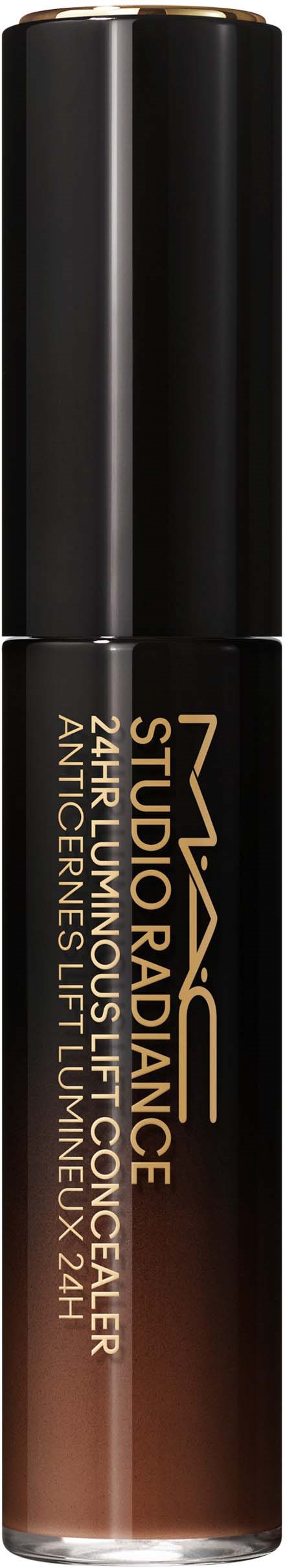 Ein Lippenstift mit schwarzem Deckel und brauner Unterseite, beschriftet mit MAC Studio Fix.