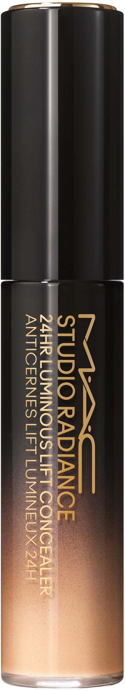 Lippen Gloss Tube mit schwarzem Deckel, gold- und beigem Label, Produktname "NYX Studio Radiance".