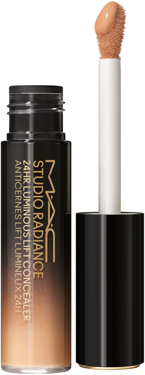 A MAC lipstick tube with a beige-colored dofa applicator, black and gold packaging, and a liquid product inside.