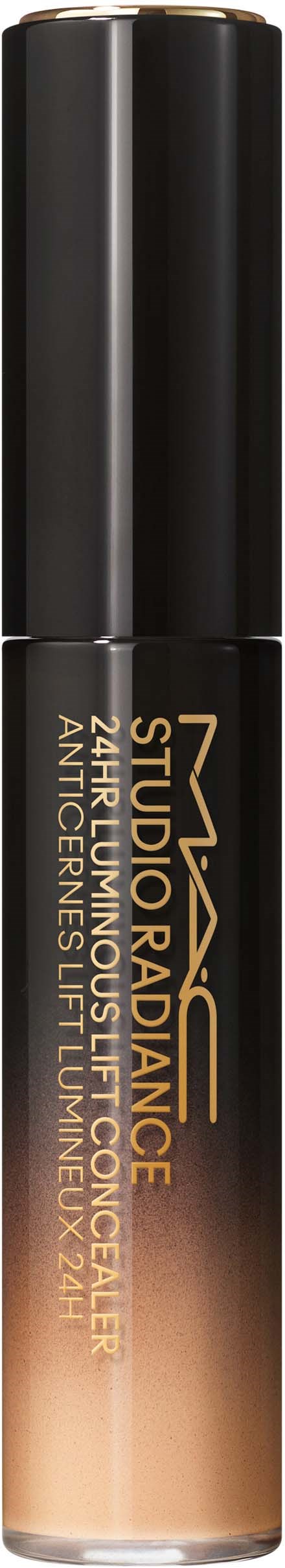 A MAC Studio Fix liquid foundation container with beige and black colors. Text labels the product details.