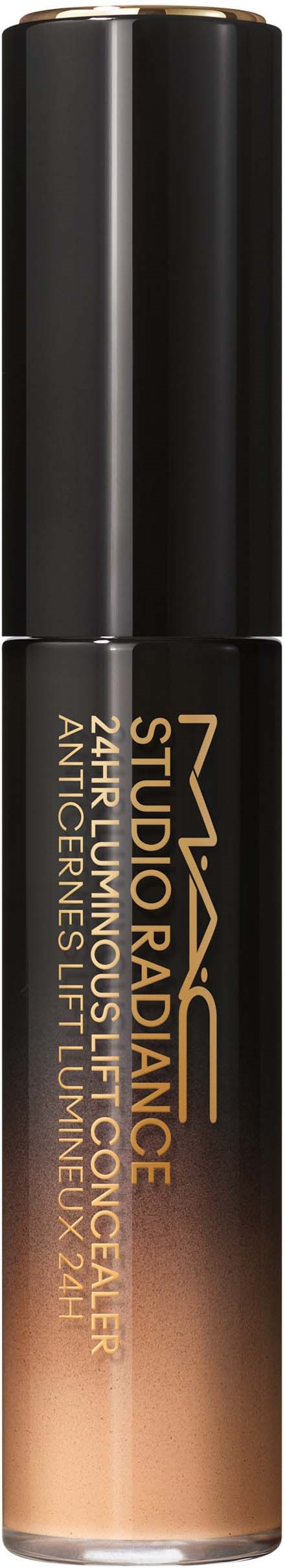 Lippenstift mit schwarzem Deckel und durchsichtigem Körper, zeigt beige Lippenstift, markiert 'MAC Studio Radiance Liquid'.