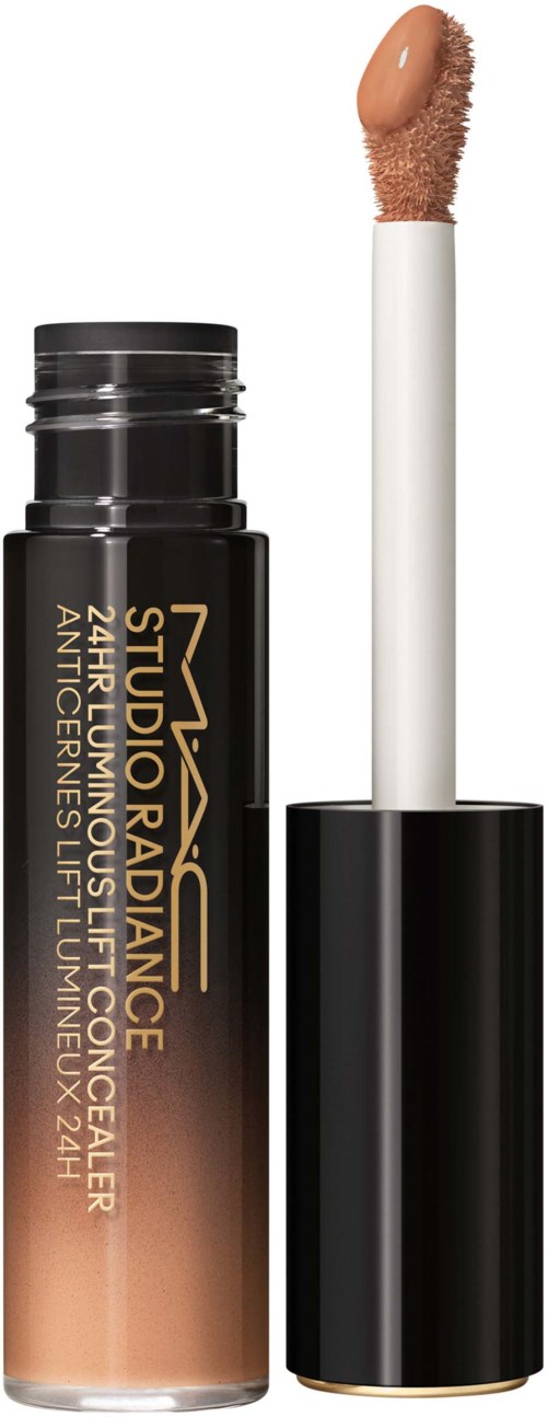 Ein Concealer-Stick mit schwarzem Deckel, Pinsel teilweise ausgefahren, zeigt einen beigefarbenen Ton mit Schwammapplikator.