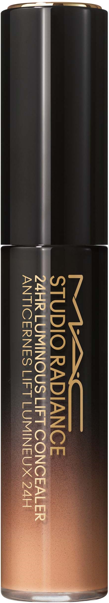 Eine schwarze Tube mit beige Make-up-Produkt und Markenaufschrift.