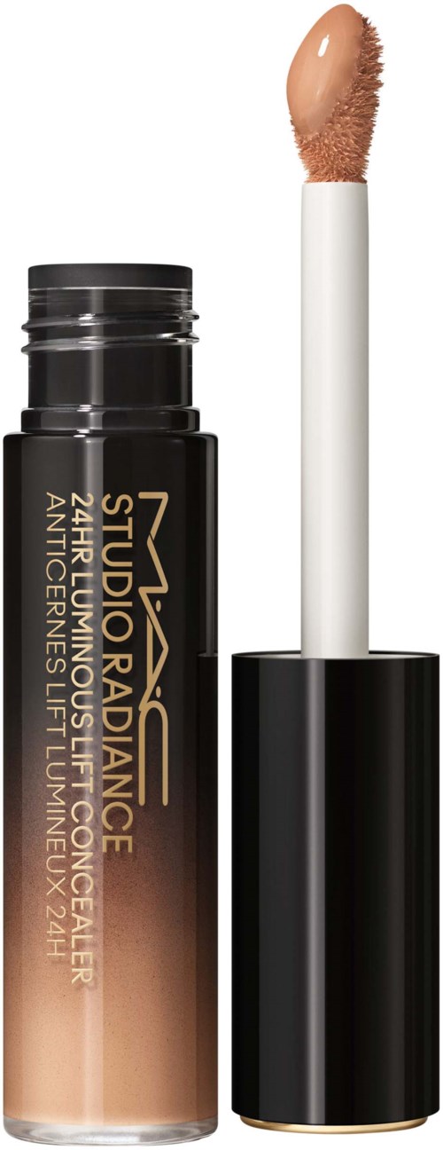 Ein Concealer mit Stab, schwarzem Deckel und beigefarbenem Produkt mit Pinselspitze.