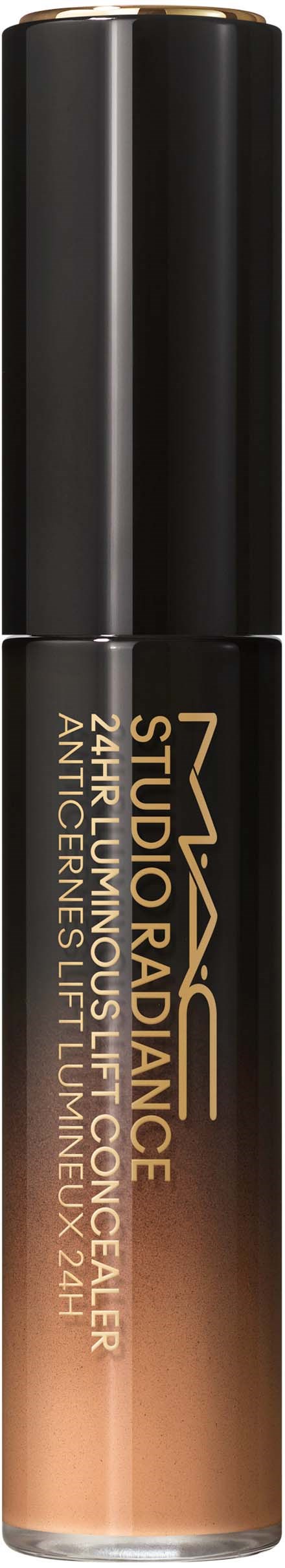 Eine Tube NYX Studio Radiance Illuminating Concealer mit schwarzem Deckel und beige-braungefärbter Flasche.