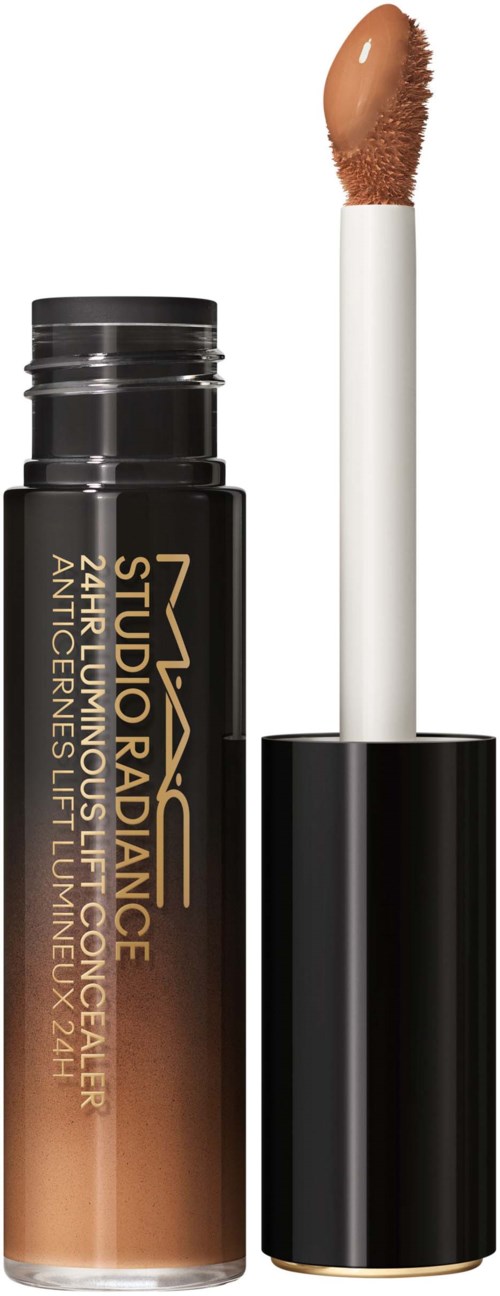 Lippenstift mit Applikator und schwarzem Deckel, enthält glänzenden, hautfarbenen Lipgloss.