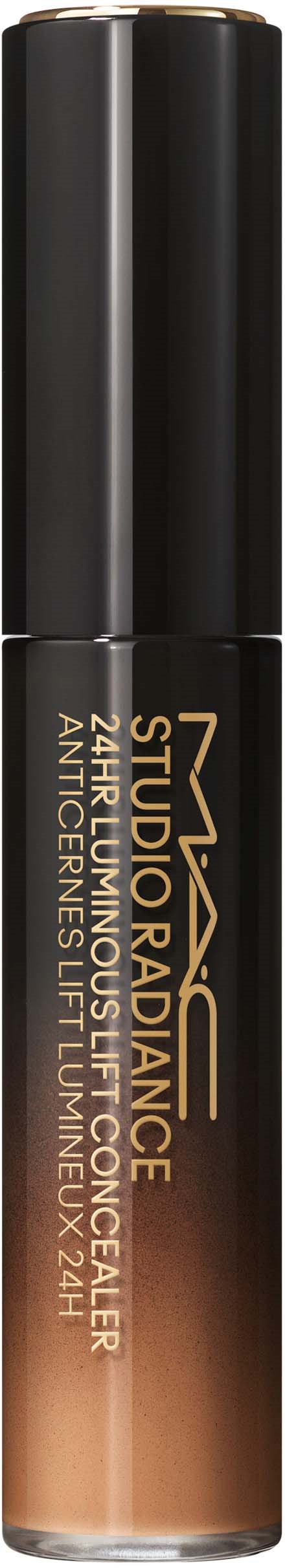 Eine lange Flasche NYX Studio Radiance Concealer mit schwarzem Deckel und Farbverlauf von Orange zu Braun. Goldener Text.