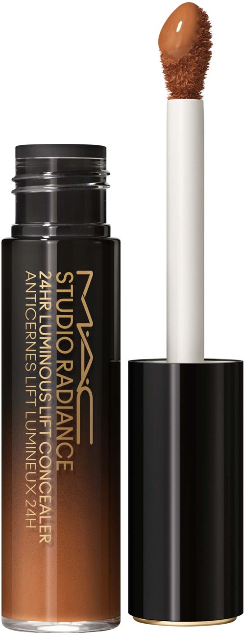 Ein MAC Lipgloss-Tube mit Applikator, schwarzem Deckel und braunem Glanz.