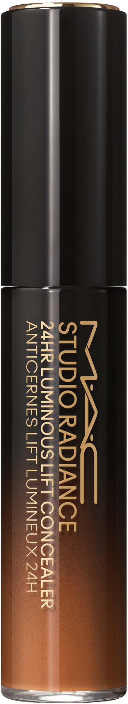 Kosmetikflasche mit schwarzem Deckel und braunem Verlauf, enthält flüssigen Foundation. Beschriftung liest 'Studio Radiance' und 'Longwear Foundation'.