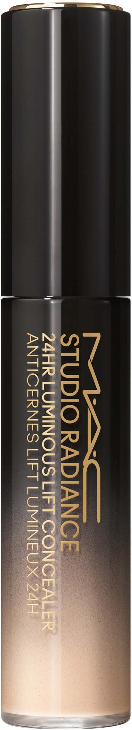Ein röhrenförd Make-up-Produkt mit schwarzem Deckel und beige Flüssigkeit. Es hat goldenen und beigen Text.