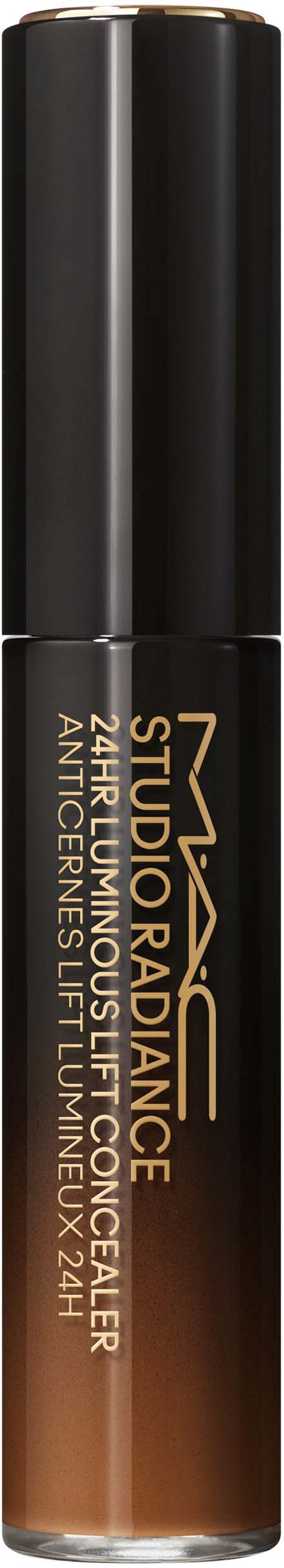 A cylindrical makeup bottle with a black cap, labeled 'MAC Studio Radiance Foundation' in gold and brown tones.
