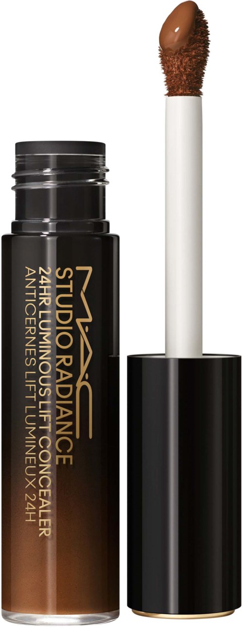 Lippenstift-Container mit Applikator, schwarzes und goldenes Design, und braune Lipgloss darin.