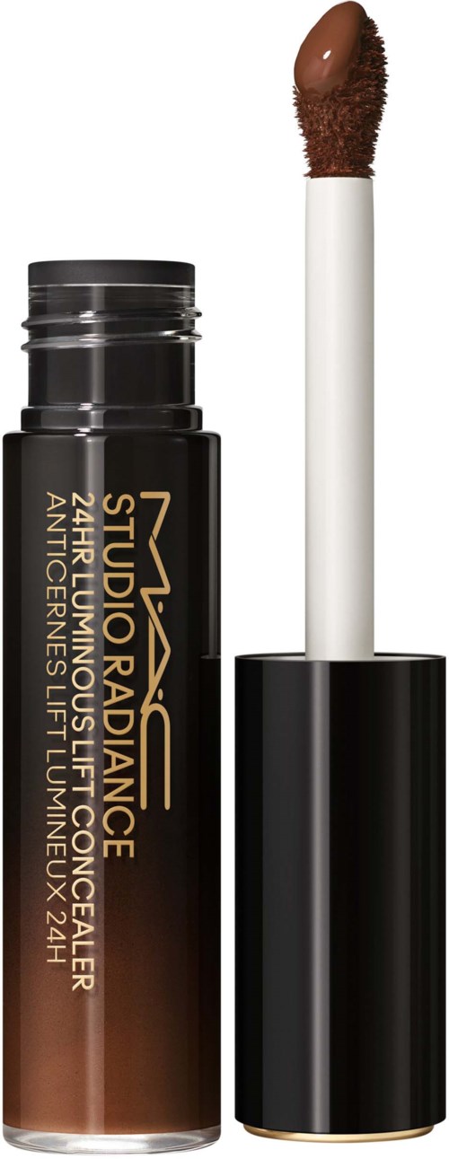Lippenstift mit Applikator, beschriftet MAC Studio Radiance, enthält braunen Glanz.
