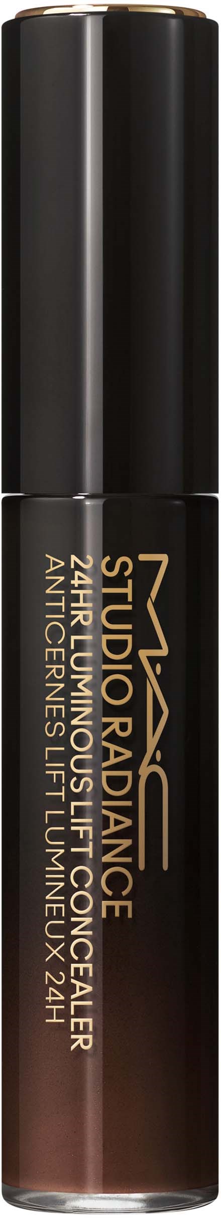 Ein schwarzer Lippenstift mit goldener Schrift, gekennzeichnet MAC Studio Radiance, 24 Stunden Leuchtlippe.