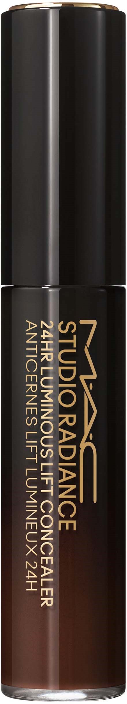 Ein schwarzer Lippenstift mit Goldtext, gekennzeichnet als MAC Studio Radiance Lipstick, bietet 24 Stunden volle Leuchtkraft.
