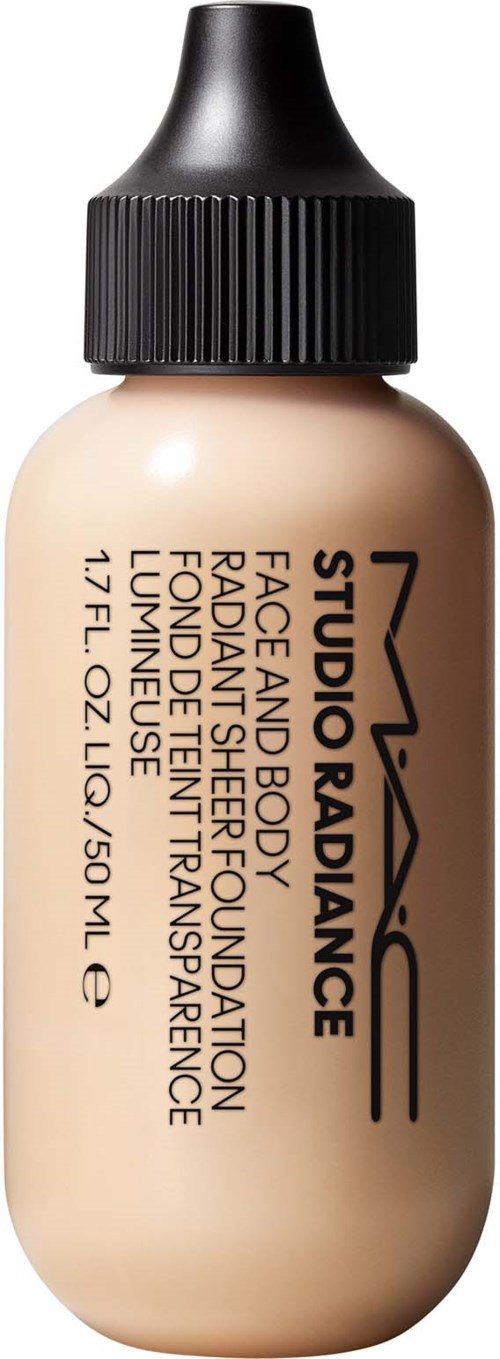 A small beige bottle with a black cap, labeled MAC Studio Radiance face and body foundation, contains 17 fl oz.