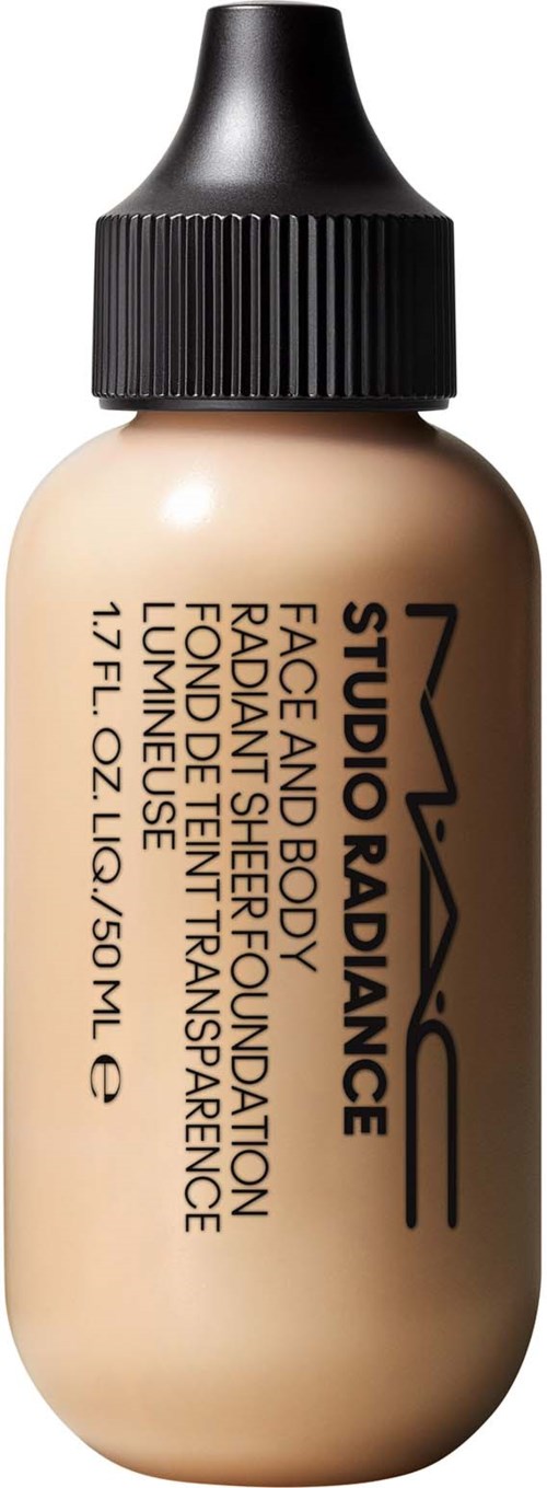 A beige foundation bottle with black cap and MAC logo, labeled for face and body, with 17 fluid ounces content.
