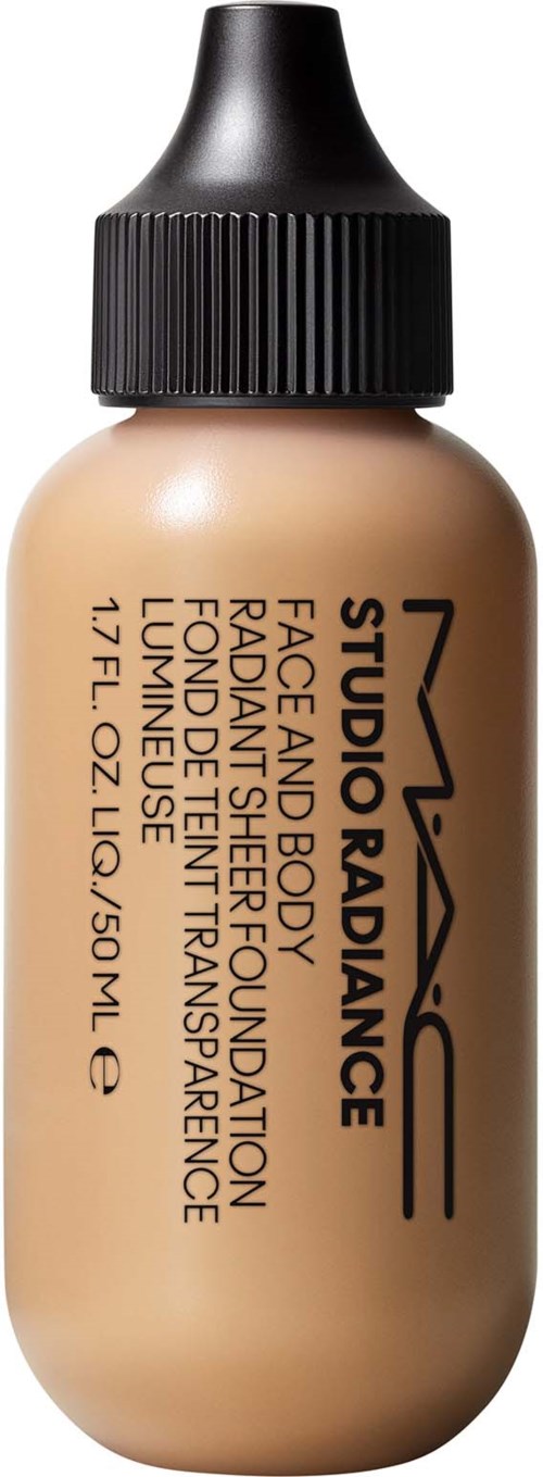 A foundation bottle with a black cap, labeled MAC Studio Radiance, face and body, foundation, liquid, 17 fl oz.