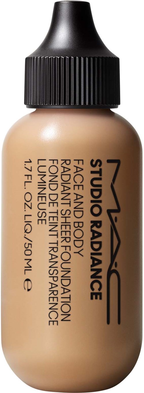 A small bottle of MAC Studio Radiance face and body foundation with a black cap and beige liquid inside.