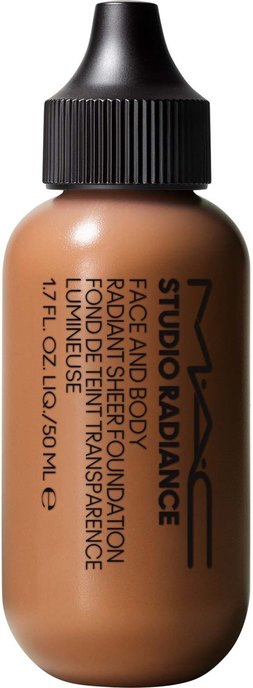 A small bottle of MAC Studio Radiance foundation, light brown color, black cap, and product name on the label.