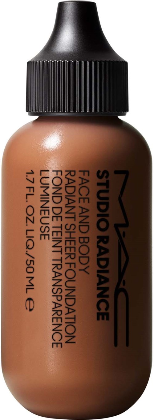 A small bottle of MAC Studio Radiance foundation for face and body, with a black cap and brown liquid inside.