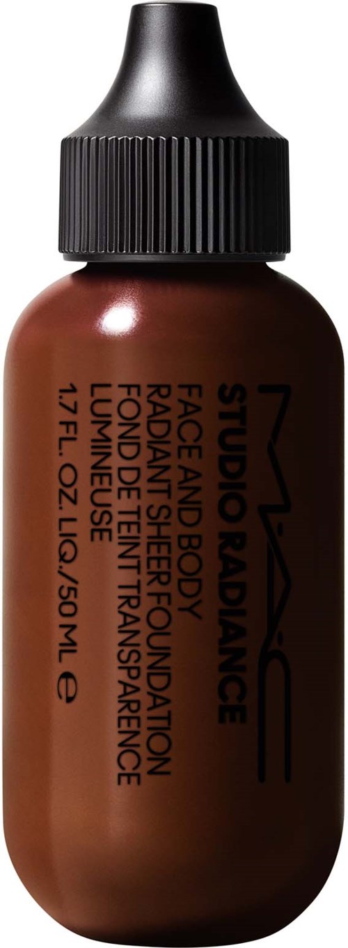 Small brown bottle with black cap, labeled MAC Studio Radiance face and body foundation.