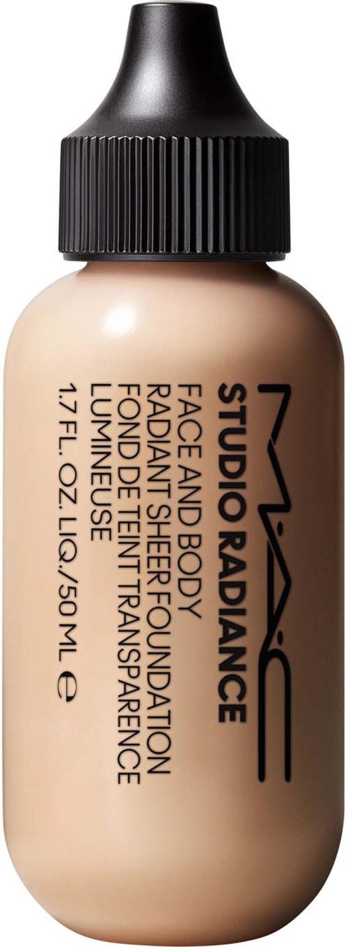 A small bottle of MAC Studio Radiance foundation, beige color, with a black cap, indicating face and body foundation.