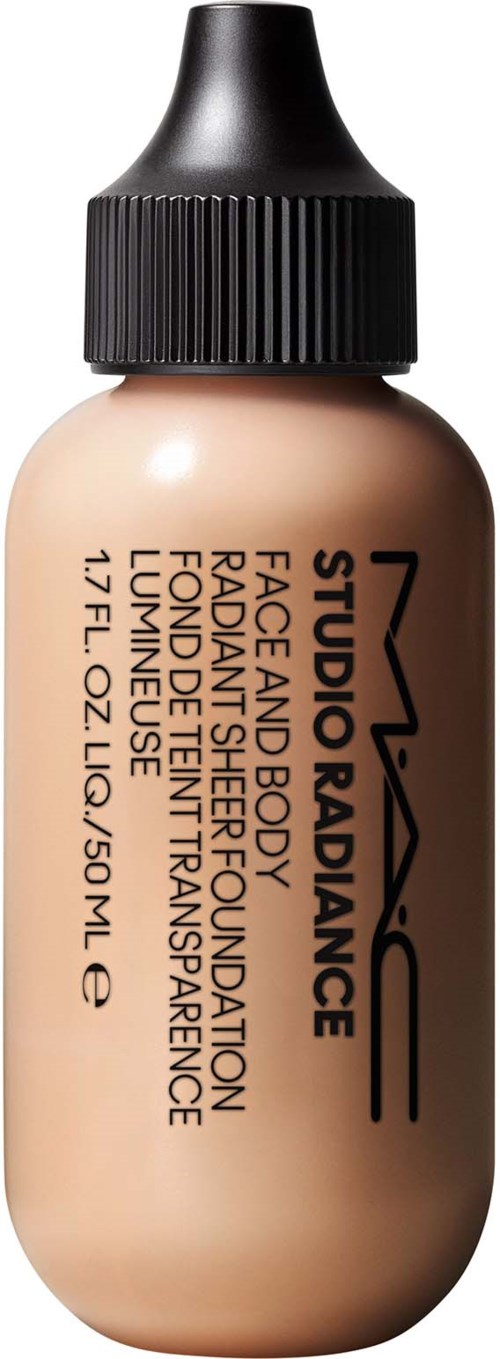 A small beige bottle with black cap containing face and body foundation, labeled 'MAC Studio Radiance' and describes product details.