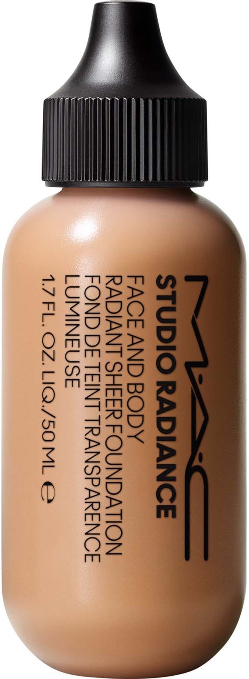 MAC Studio Radiance Foundation in einer kleinen Flasche mit schwarzem Deckel, für Gesicht und Körper, verleiht einen strahlenden Glanz.