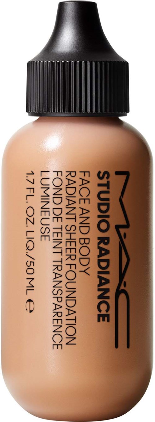 A small bottle of MAC Studio Radiance foundation, beige color, with black cap and product label.