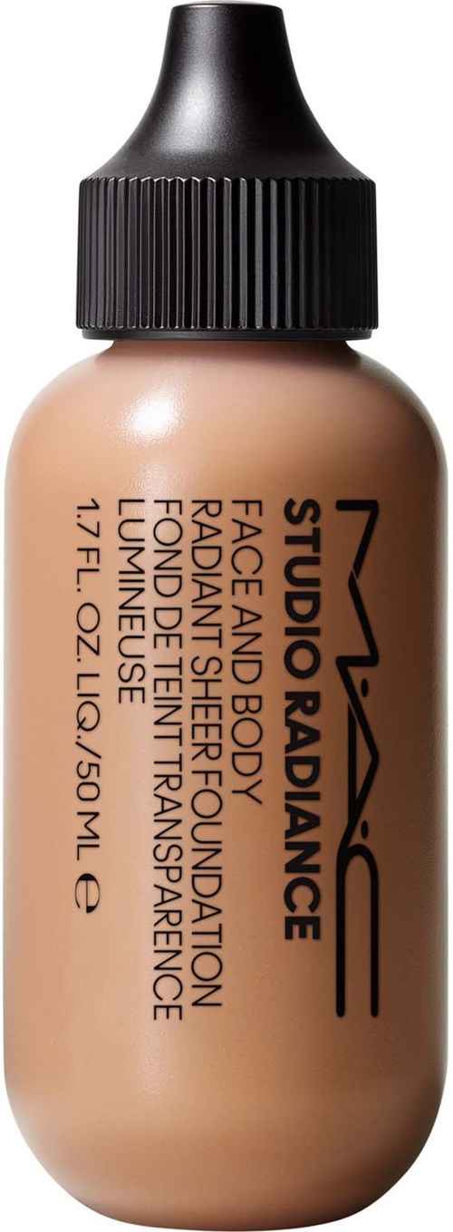 MAC Studio Radiance foundation, beige tone, bottle with black cap, liquid makeup for face and body, 17 fl oz.