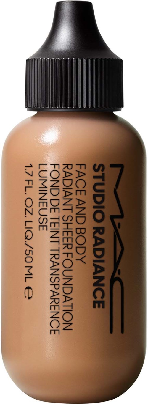 A small bottle of MAC Studio Radiance foundation, beige color with black cap, with text describing the product.