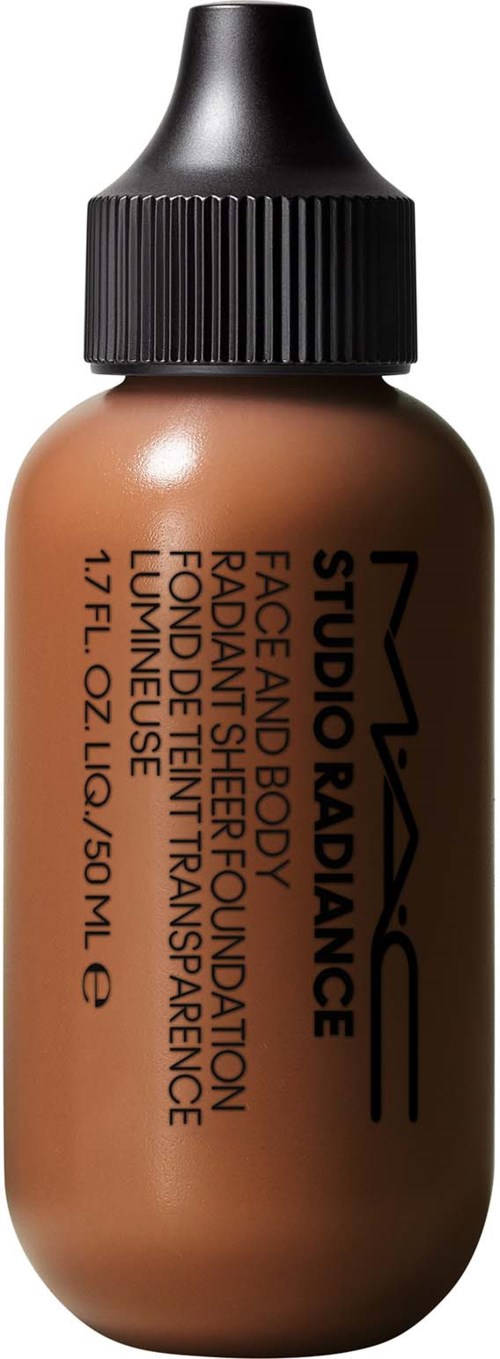 A small bottle of MAC Studio Radiance Foundation in beige color with black cap.