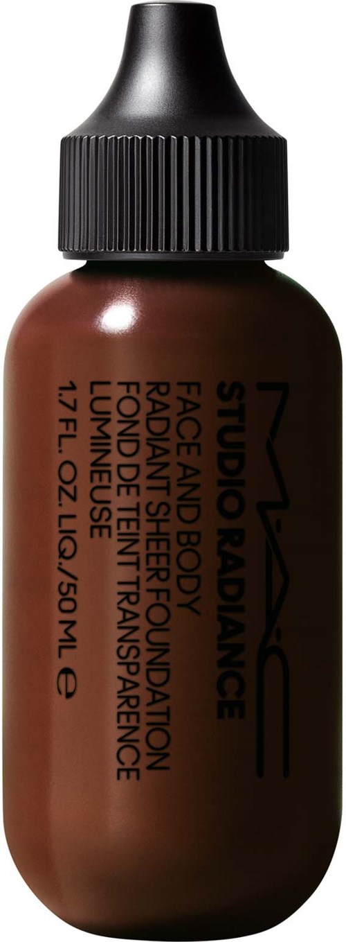 Brown bottle with black cap, labeled MAC Studio Radiance Face and Body Foundation, transparent luminous finish.