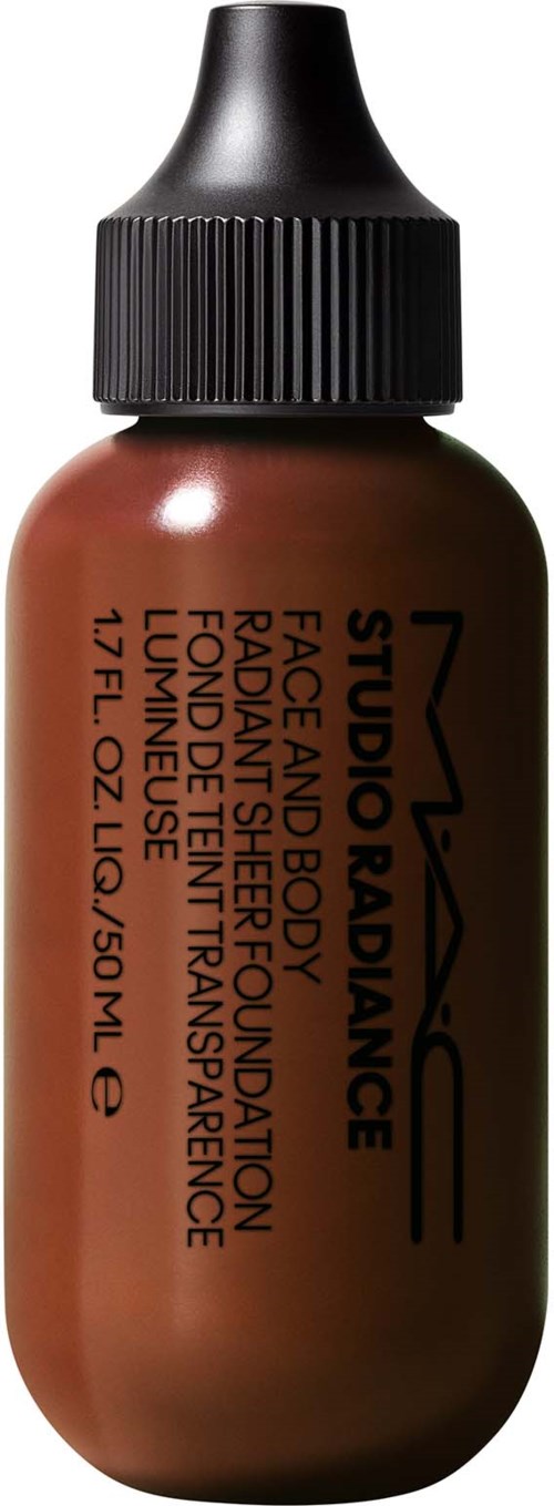 A small brown bottle with a black dropper cap, labeled MAC Studio Radiance foundation for face and body.